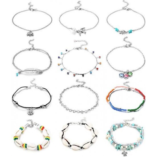 12PCS Ankle Bracelets For Women Anklets Chains Bracelets Foot Set; Length 8'~ 9' With 2'Extender Chain